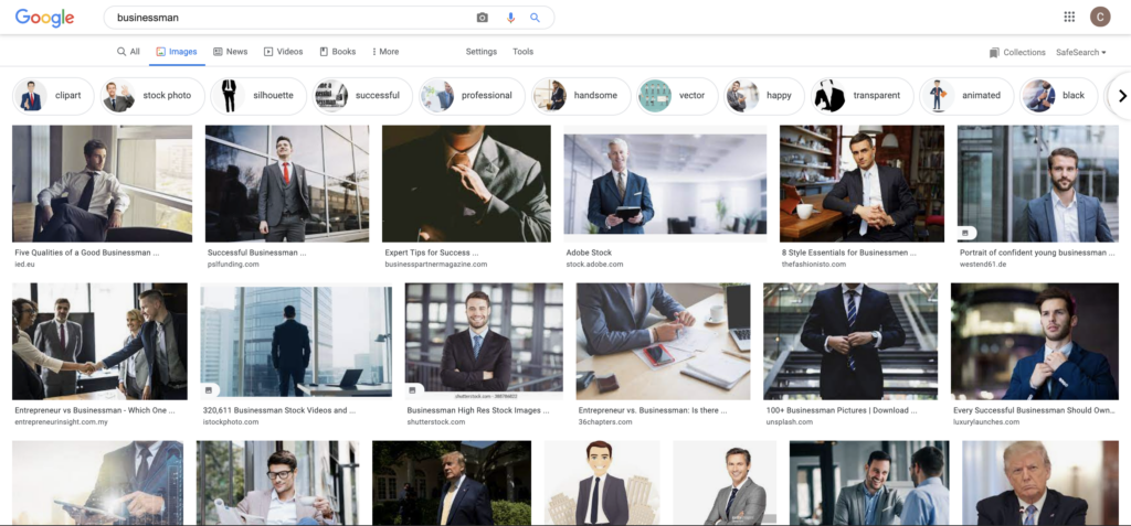 screenshot of search results for images related to the word "business man," all white men. which shows how algorithms can further visual bias by creating associations between certain words and certain images.