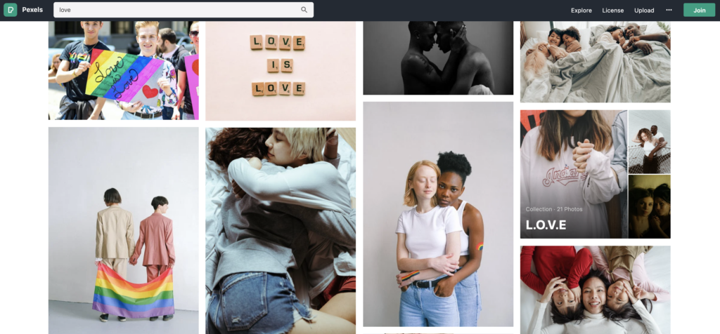 screenshot of a search for stock photos related to "love" on the pexels website, which returns a diverse and inclusive group of photos. the pexels team has worked to combat how algorithms impact visual bias with more diverse photo selection.