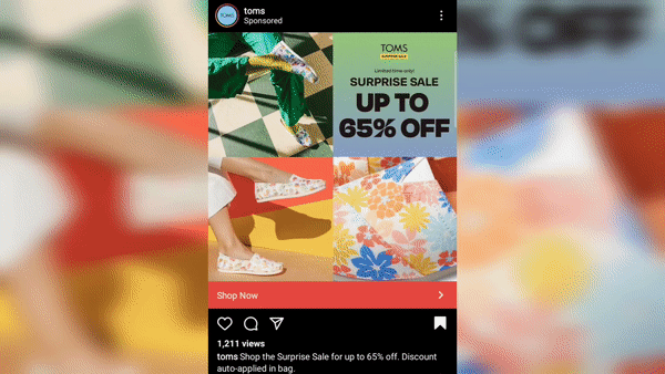 animated gif by toms shoe brand pulled from instagram and showing their shoes with different patterns next to copy that reads "surprise sale: up to 65% off"