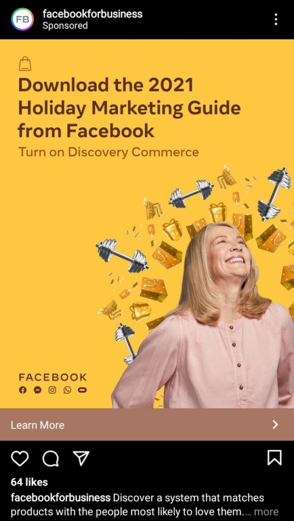 facebook digital advertising creative content example from facebook for business with bright yellow background and the image of a woman laughing over it. headline is "download the 2021 holiday marketing guide from facebook"