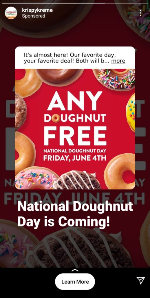 digital advertising example from krispy kreme with the offer "any doughnut free, national doughnut day"