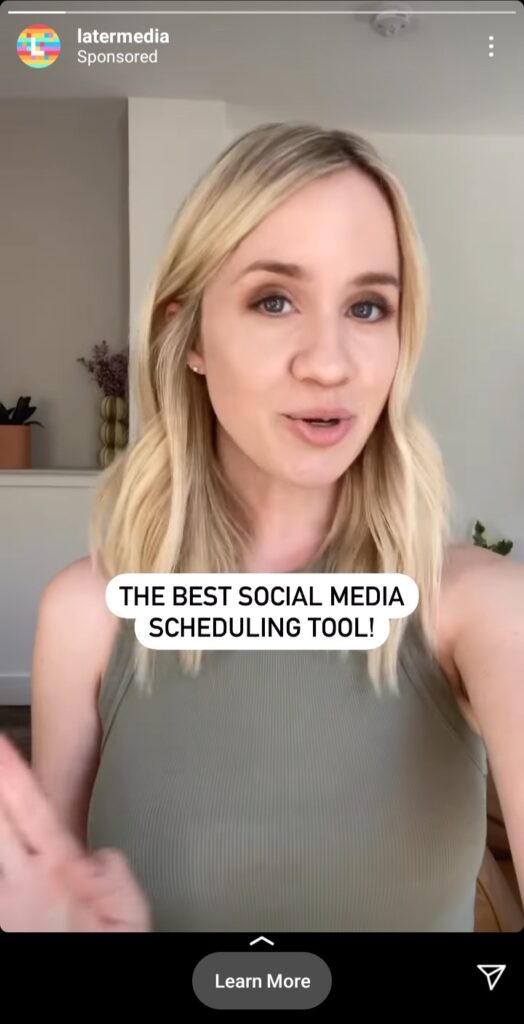 paid ad creative from later social media marketing tool from facebook instagram stories. screen grab of a woman speaking with the headline "the best social media scheduling tool" over her
