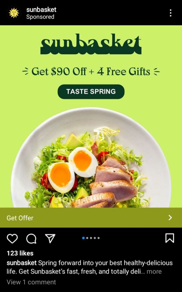 instagram digital advertising creative content example from sunbasket. text reads "get $90 off plus 4 free gifts" with CTA of "Get Offer"