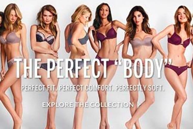ceo caroline spiegel comments on how victoria's secret affected women's self-identity. image is from the perfect body marketing campaign by victoria's secret, which featured supermodels with small figures