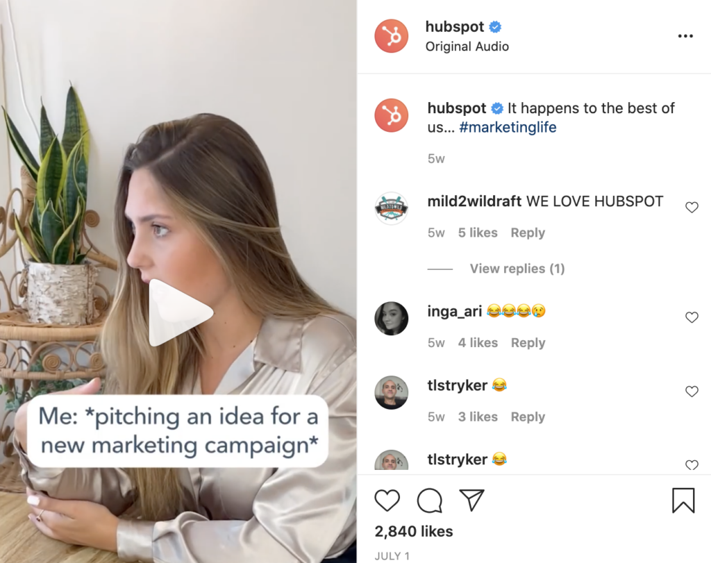 instagram reels post by b2b brand hubspot featuring content created with an authentic influencer marketing feel