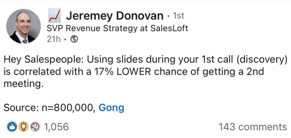 screenshot of a post by svp revenue strategy at salesloft, jeremey donovan, sharing a statistic sourced from b2b brand gong. an example of b2b influencer marketing