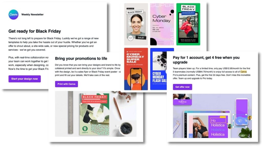 4 screenshots from a b2b holiday marketing email campaign by design platform Canva offering tips on how to use their tools for Black Friday promotions