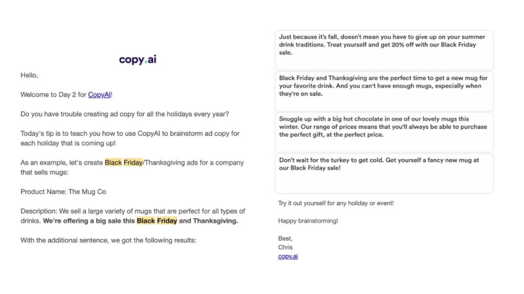 screenshot of B2B holiday marketing email campaign from Copy. ai telling people how to use the product to create a Black Friday or Thanksgiving ad or campaign 