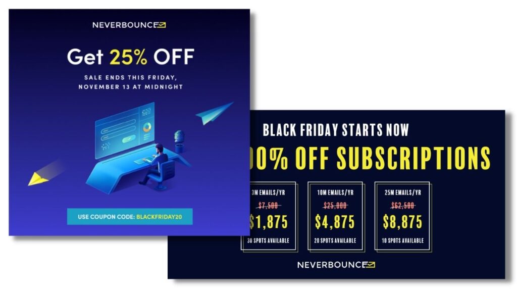 screenshots from B2B holiday marketing campaign and Black Friday sale by NeverBounce