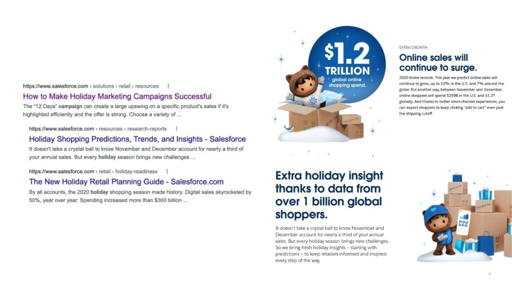 Screenshots from search engine results and content marketing from CRM brand Salesforce as an example of successful B2B holiday marketing campaigns
