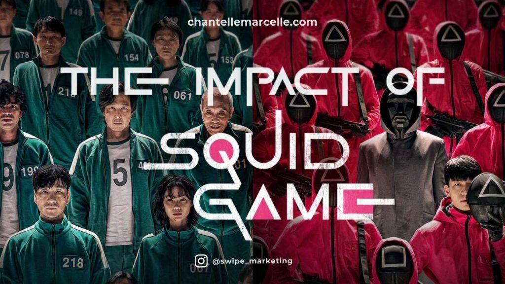 article title the impact of Squid Game against the background of a promotional photo for the show with the players on the left and agents, Front Man and detective on right. The article highlights Squid Game statistics, advertising campaign examples, and more.