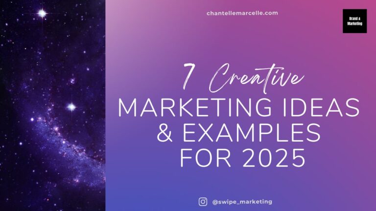 title card: "7 Creative Marketing Ideas & Examples for 2025" on a pink and purple gradient, with a square cutout on the left of a galaxy stock photo image