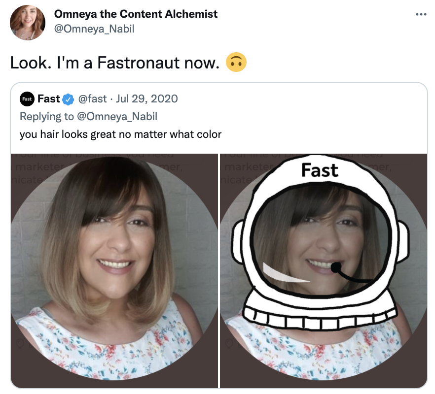 Twitter post of a user whose profile photo was branded by payment startup Fast with a Twitter marketing campaign designed to bring brand awareness by redesigning Twitter profile pics as "Fastronauts," a recent example of a successful B2B influencer marketing campaign