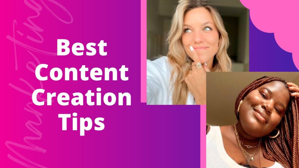 title card: "Best Content Creation Tips for Social Media, Marketing & Businesses, Small or Large" with headshots of two content creation experts, Deven Machette and Jayde Powell. These content creators offer their advice based on years of experience growing brand marketing accounts on TikTok, Instagram, and more.